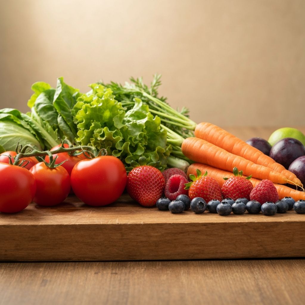 Fresh vegetables and fruits arrangement